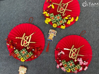 Vòng treo cửa Quạt giấy nhung Đỏ Tết bánh chưng xanh [3 kiểu - Nhẹ] N30cm VTC-T-47